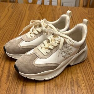 Tory Burch Cream and Tan Good Luck Trainers Sneakers